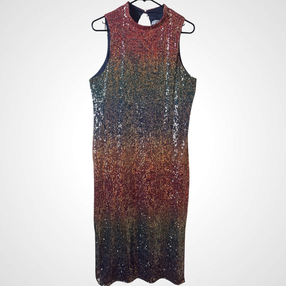 Ombre Sequin Maxi Dress Rainbow Womens XL Cocktail Party Mock Neck Studio 19